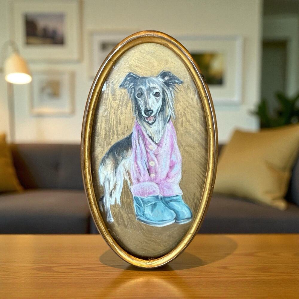 Antique Oval Picture Frame Artist Hand Drawn Dog READ
